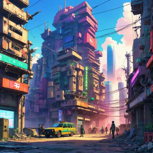 The image depicts an urban scene with a futuristic cityscape featuring tall buildings and neon signs. The sky is clear blue with fluffy white clouds. A yellow car is parked on the street, and people can be seen walking around in front of the buildings.