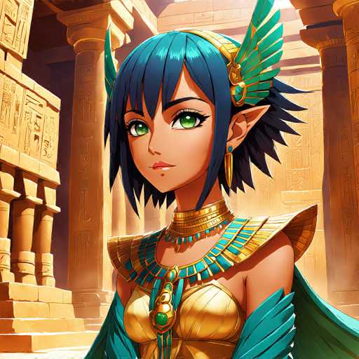 The image depicts a young girl with long hair and blue eyes wearing a gold and green outfit adorned with a large headdress. She is standing in front of an ancient Egyptian temple, which features columns and hieroglyphics on the walls. The girl's gaze is directed towards the camera, creating a sense of connection between her and the viewer.