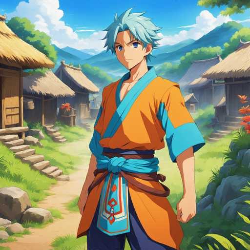 The image depicts a young man wearing an orange and blue kimono with a brown belt, standing on a dirt path surrounded by traditional Japanese houses and trees. The man is looking directly at the camera with a serious expression.