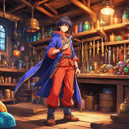 A man dressed as a dragon stands in front of a wooden shelf filled with various objects including pots and bottles. The man is wearing an orange robe and holding a sword in his right hand.