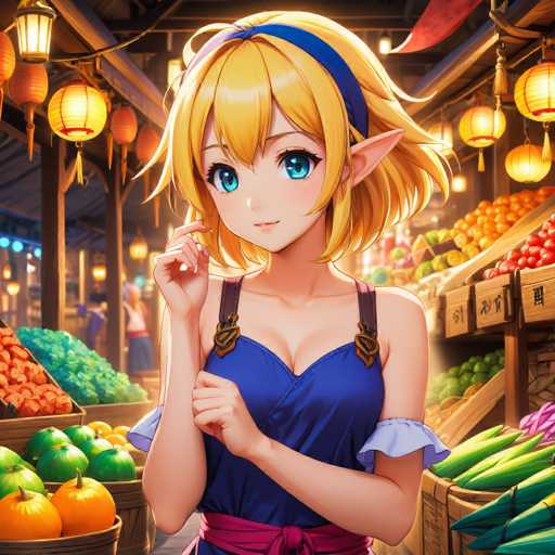 A young girl with blonde hair and blue eyes stands in front of a fruit stand at night market, wearing a blue dress and holding a red bag over her shoulder. The fruits on display include oranges and apples.