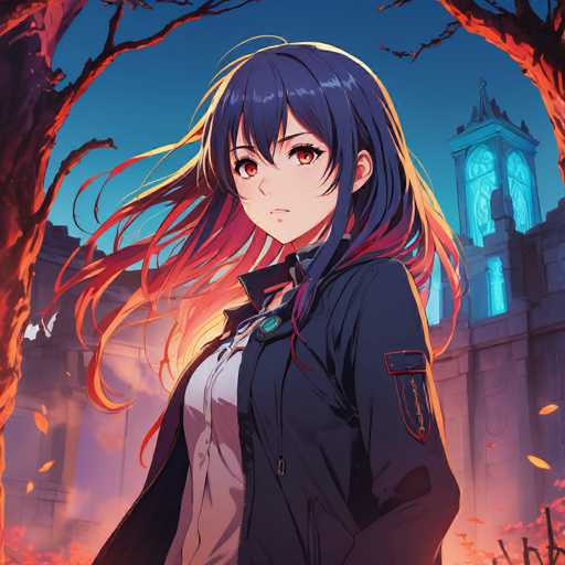 The image depicts an anime character with long dark hair and a black jacket standing against the backdrop of a castle or tower. The character is looking directly at the camera with a serious expression on their face.