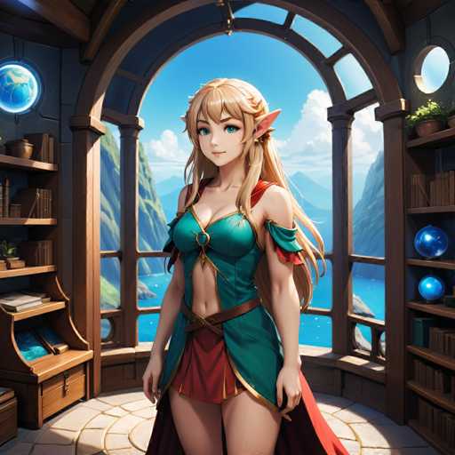 A woman with blonde hair and blue eyes stands in a room filled with bookshelves and a window offering a view of the ocean. She is wearing a green dress that matches her hair color. The room has wooden walls and shelves on either side, creating an atmosphere of knowledge and tranquility.