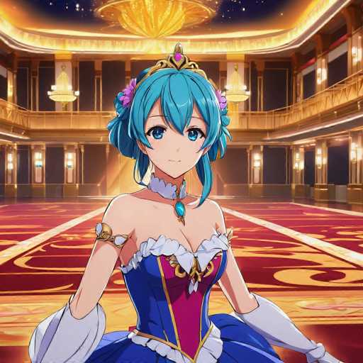 The image depicts a young girl with blue hair and a blue dress standing on a red carpet inside an ornate room. The girl is wearing a tiara and has a necklace around her neck. The background features gold chandeliers hanging from the ceiling, creating a luxurious atmosphere.