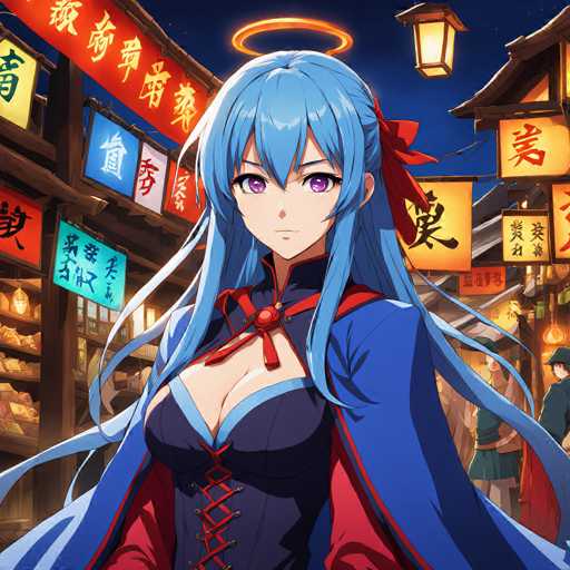 The image depicts an anime character with blue hair and a red ribbon on her head standing in front of a store window at night. The character is dressed in a black dress with a red collar and has a serious expression on her face.