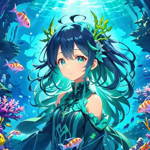 The image depicts an anime character with long dark hair and a green headband adorned with flowers, standing underwater surrounded by fish and coral reefs. The character is wearing a blue dress that matches the color of her hair.
