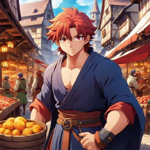The image depicts a man wearing a blue robe and red hair standing on a cobblestone street surrounded by buildings with wooden shutters. The man is holding a basket filled with oranges, suggesting he may be selling them or preparing to distribute them. In the background, there are other people walking around, adding to the bustling atmosphere of the scene.