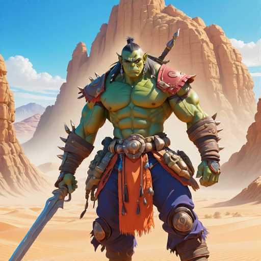The image depicts a muscular green monster with a large head and horns standing on its hind legs in the center of a desert landscape. The monster is holding a sword in one hand and a spear in the other, facing towards the right side of the frame.