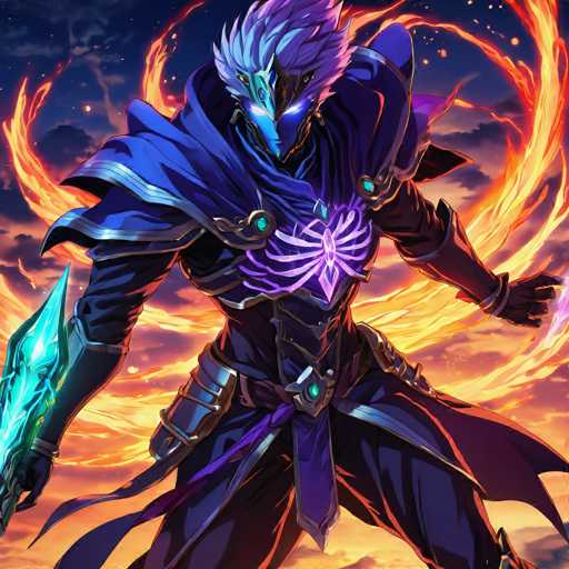 The image depicts a character with blue hair and a purple outfit, standing against a backdrop of orange flames. The character is holding a sword in their right hand and has a mask on their face.