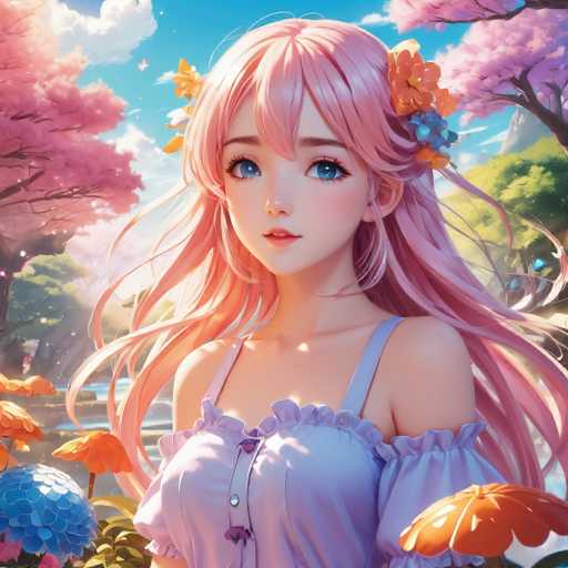 The image depicts a young girl with long blonde hair wearing a white dress adorned with purple flowers and a blue and orange flower crown on her head. The background features trees and bushes under a clear blue sky dotted with fluffy white clouds.