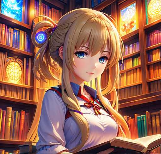 A young girl with blonde hair is sitting at a desk surrounded by books and reading an open book.