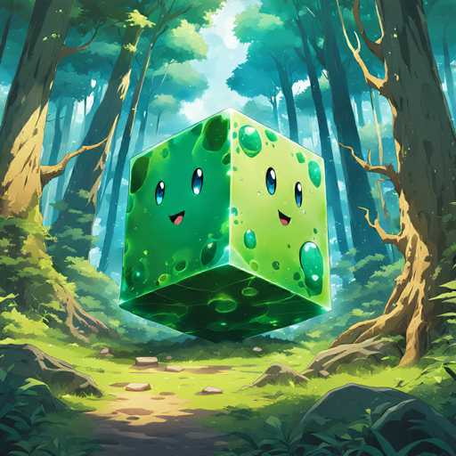 The image depicts a green cube floating in mid-air above a forest floor covered with rocks and trees. The cube has two faces, one smiling and the other looking sad. The background is filled with lush greenery of trees and bushes, creating a sense of depth and distance within the scene.
