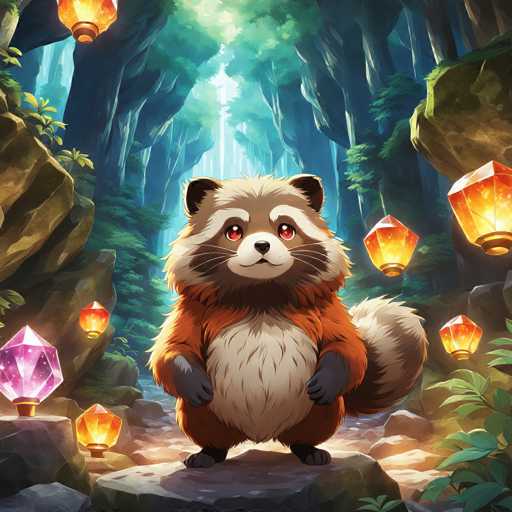 The image depicts an orange and white cartoon raccoon standing on a rock surrounded by trees with pink and purple lights hanging from them. The raccoon is looking directly at the camera, giving it a friendly and approachable demeanor.