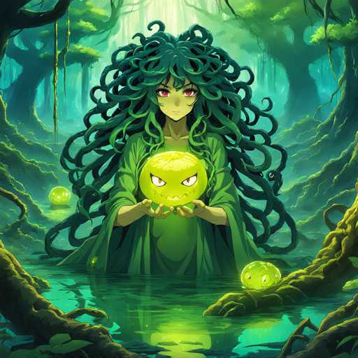 A woman with long green hair is holding a glowing orb in her hands and standing in a forest setting surrounded by trees and plants.