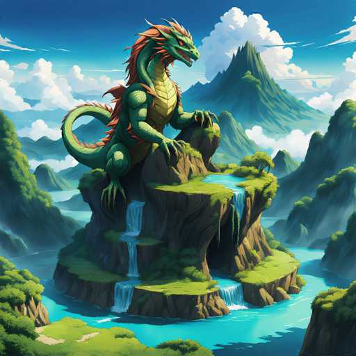 The image depicts a dragon perched atop a large rock formation with water cascading down the sides of the rocks and a river flowing through the scene below. The dragon is facing towards the right side of the image, giving an impression that it's surveying its surroundings. The background features mountains under a clear blue sky dotted with white clouds.