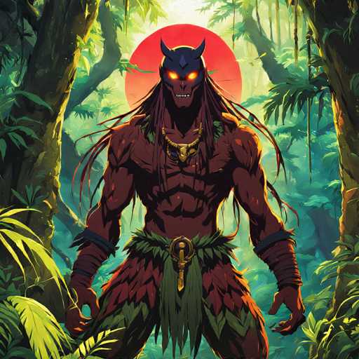 The image depicts a muscular man with long dreadlocks and a mask on his face, standing in the center of a jungle setting. The man is wearing a red and gold outfit that includes a headdress adorned with green leaves. The background features trees and foliage, creating an immersive jungle atmosphere.