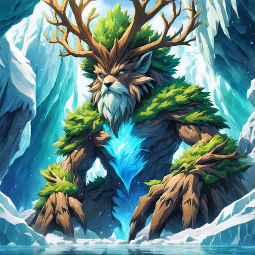 The image depicts a fantastical creature with a large head and horns, standing on one leg atop a tree trunk. The creature is adorned with a green robe and has a blue crown on its head. The background features a snowy mountain range under a clear sky.
