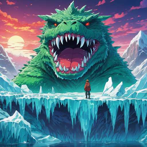 The image depicts a large green monster with red eyes and sharp teeth standing on the edge of an icy cliff overlooking a frozen lake below. A person wearing a backpack is standing near the monster, facing away from it. The background features a sky filled with clouds and mountains in the distance.