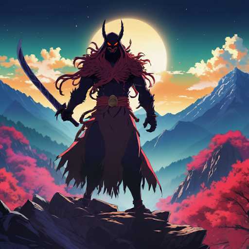 The image depicts a dark figure standing on a rocky cliff with a sword in hand and a red cape billowing behind them. The background features a mountainous landscape under a full moon, creating an atmospheric setting for the scene.
