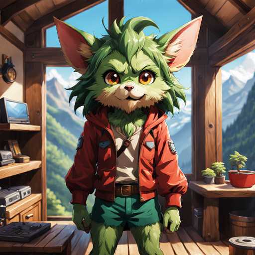 The image depicts a cartoon character with green hair and an orange jacket standing in front of a window that offers a view of a mountain range. The character is holding a camera and appears to be taking a photo or recording something interesting outside the window.