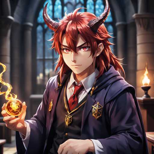 The image depicts an anime character with red hair and horns standing in a room filled with stone columns and arches. The character is dressed in a suit and tie, holding a golden orb in their right hand.