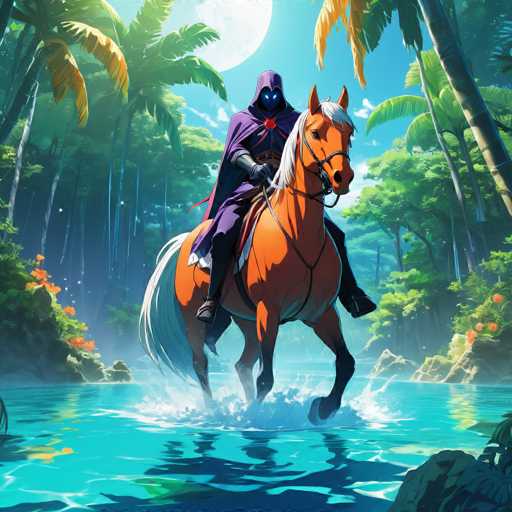 The image depicts an orange horse with a white mane and tail galloping through a tropical forest. A person wearing a purple cape is riding the horse on its hind legs. The background features lush green trees and a large full moon in the sky.