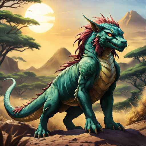 The image depicts a green dragon standing on a rock with its tail curled around it and its eyes open wide. The dragon is facing the camera directly, giving an impression of being aware of the viewer's presence. The background features a sunset over mountains, creating a serene and majestic atmosphere.