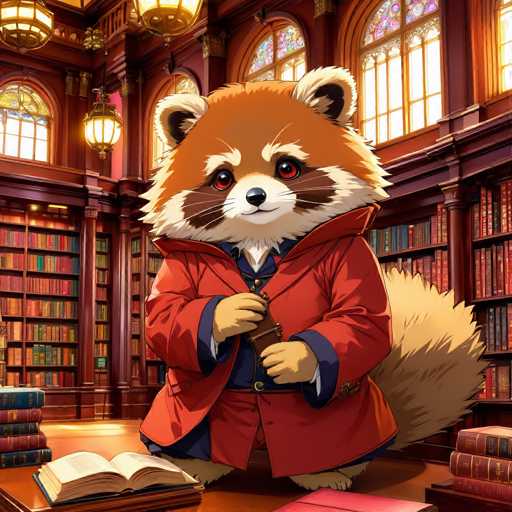 The image depicts an animated cartoon character wearing a red coat and holding a book while standing in front of a bookshelf filled with numerous books. The character is positioned centrally within the frame, drawing attention to its vibrant colors and lively expression.