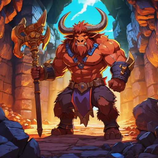 The image depicts a muscular man with red hair and horns standing on a rocky cliff face, holding a sword in his right hand and a shield in his left hand. The background features a cave-like structure made of large rocks and boulders, suggesting an ancient or historical setting.