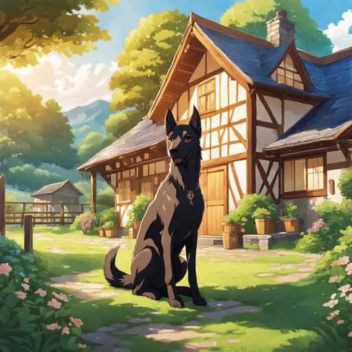The image depicts a black dog sitting on a stone path outside a white house with a blue roof and a chimney. The dog is facing the camera, giving an impression of alertness or curiosity. In the background, there are trees and bushes that add to the natural setting.