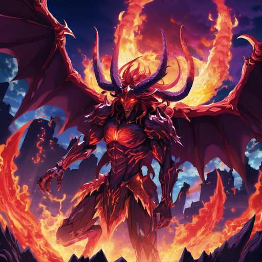The image depicts a fiery dragon with red and orange hues, its wings spread wide as it soars through the sky. The dragon is facing towards the left side of the frame, creating an impression of movement and dynamism. The background features a blend of purple and orange colors, suggesting a sunset or sunrise setting. The dragon's position in the center of the image draws attention to itself, while the surrounding elements provide depth and context to the scene.