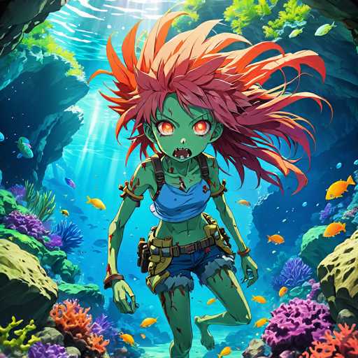 The image depicts a character with vibrant red hair and an orange outfit submerged underwater amidst colorful coral reefs and fish. The character is holding a sword and appears to be in a state of distress or panic.