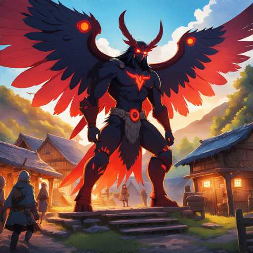The image depicts a large dragon-like creature with wings and horns standing on a stone platform surrounded by a village of people dressed in medieval clothing. The sky above is filled with clouds, creating an atmospheric setting for the scene.