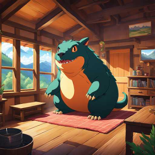 The image depicts a cartoon character with a large head and orange body standing on a red rug in the center of a room. The character is surrounded by various objects such as bookshelves filled with books, a potted plant, and a wooden table. A window can be seen to the left side of the frame, offering a view of trees outside.