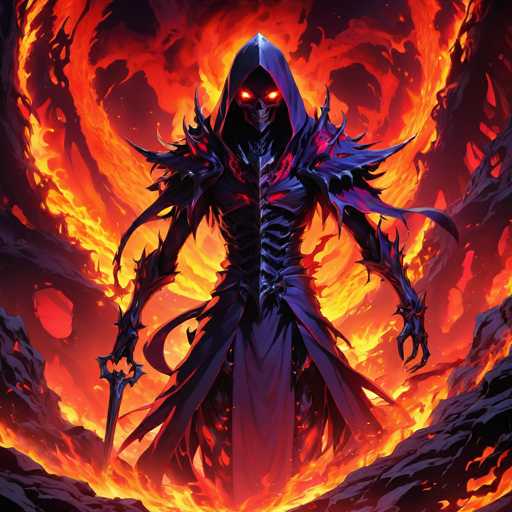 The image depicts a character with a long, flowing robe and a hooded cloak, standing amidst flames that are ablaze behind them. The character is holding a sword in their right hand, ready to face the fiery threat.