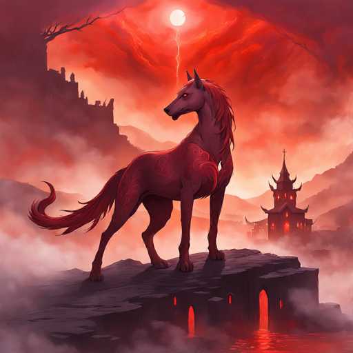 The image depicts a majestic wolf standing on a cliff overlooking a river below. The wolf is facing the viewer and appears to be in a state of alertness or contemplation. In the background, there is an ancient temple with red walls and a golden roof, which adds a sense of mystery and intrigue to the scene. The sky above is painted in shades of orange and red, suggesting that it might be sunset or dawn.