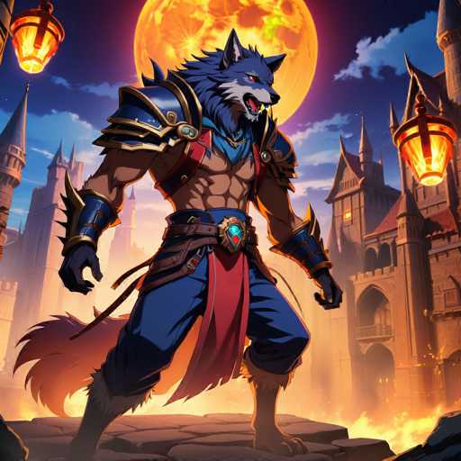 The image depicts a muscular man with blue hair and red and gold armor standing on a stone platform against the backdrop of a castle-like structure. The man is wearing a blue robe and holding a sword in his right hand while his left hand is raised to his mouth as if roaring or speaking.