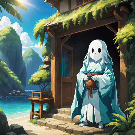 The image depicts an anime character dressed in a blue robe and white headdress standing on a stone platform with a wooden door at the end of it. The character is holding a brown bag over their shoulder. The background features a lush tropical setting with palm trees and mountains under a clear blue sky, creating a serene atmosphere.