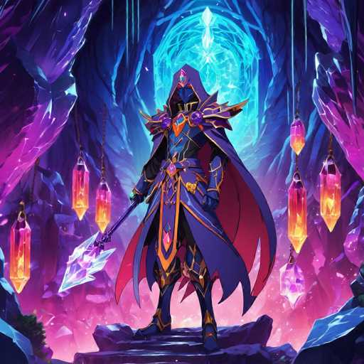 The image depicts a medieval knight standing on a rock platform within an underground cave. The knight is wearing a blue and gold armor suit with a red cape and holding a sword in his right hand. The cave is filled with crystals of various colors, creating a vibrant and magical atmosphere.