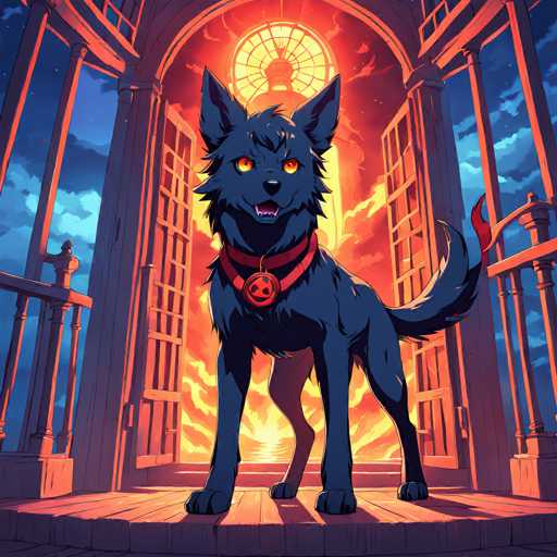 The image depicts a black dog standing on a wooden platform with its tongue out and eyes wide open, facing the camera directly. The background features an archway with a window and a red door, creating a sense of mystery or intrigue.