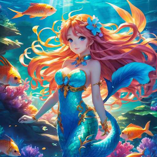 The image depicts a mermaid standing on a coral reef surrounded by various fish and plants. The mermaid is wearing a blue dress with gold accents and has long blonde hair styled in loose waves. She holds a small object in her hand.