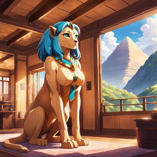 The image depicts a blue-haired lioness sitting on a wooden floor inside a room with a window and a door. The lioness is wearing a crown and a necklace, suggesting she may be royalty or a powerful figure. The background features a mountain range under a clear sky, creating a serene and majestic atmosphere.