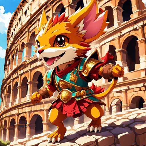 The image depicts a cartoon character dressed as a Roman soldier standing on top of the Colosseum's battlements and holding a shield. The character is wearing a green tunic with gold accents and a red helmet adorned with a gold emblem.