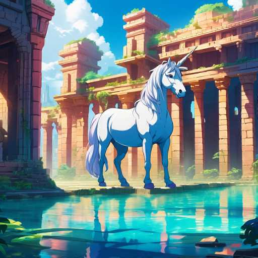 The image depicts an unicorn standing on a stone bridge that spans across a body of water. The unicorn is facing the camera and appears to be gazing at something off-camera. The background features a castle with multiple towers and a moat surrounding it, suggesting a medieval setting.