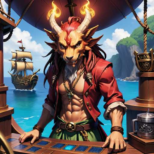 The image depicts a man with long hair and horns standing on a wooden deck, wearing a red jacket and holding an umbrella. In the background, there is a ship sailing on the water.