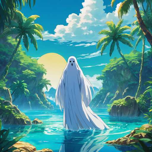 The image depicts a white ghost standing on the edge of a body of water surrounded by lush green trees and palm trees. The water is a deep blue color with small waves visible near the shoreline. The sky above has a light blue hue with wispy clouds.