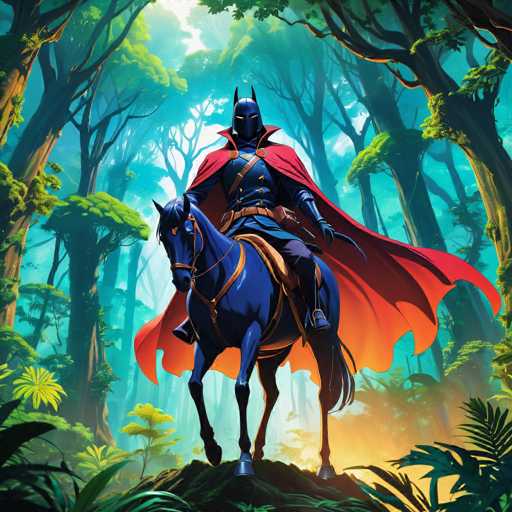 The image depicts a man dressed as Batman riding a horse through a forest. The man is wearing a red cape and a blue mask with a large eye hole, which adds an element of mystery to his appearance. The background features trees and foliage, creating a sense of depth and distance in the scene.