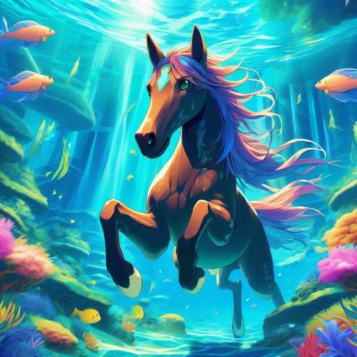 The image depicts a brown horse with blue and pink mane and tail galloping through the water under a coral reef. The horse is surrounded by an array of colorful fish swimming around it in various shades of orange, yellow, and green.