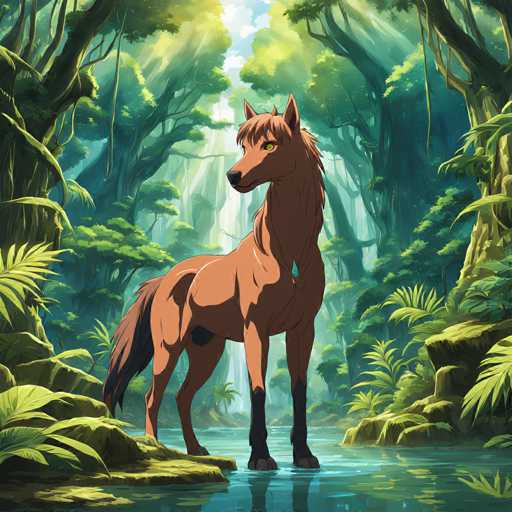 The image depicts a brown horse standing on rocks near water in a jungle setting. The horse is facing the camera and appears to be looking at something off-camera.