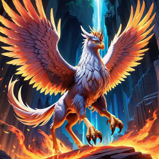 The image depicts a majestic white bird with orange wings and a golden crown perched on a rock formation. The bird is facing towards the right side of the image, giving an impression that it's about to take flight or soaring through the sky. The background features a blend of blue and red hues, suggesting a mountainous landscape, possibly with a waterfall in the distance.